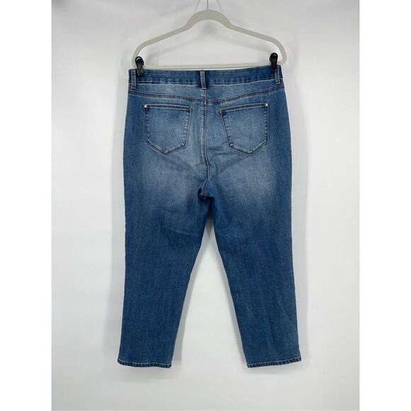 Chico's So Slimming Girlfriend Slim Crop Jeans Crochet Lace & Twist Side Size 10 - Picture 2 of 7